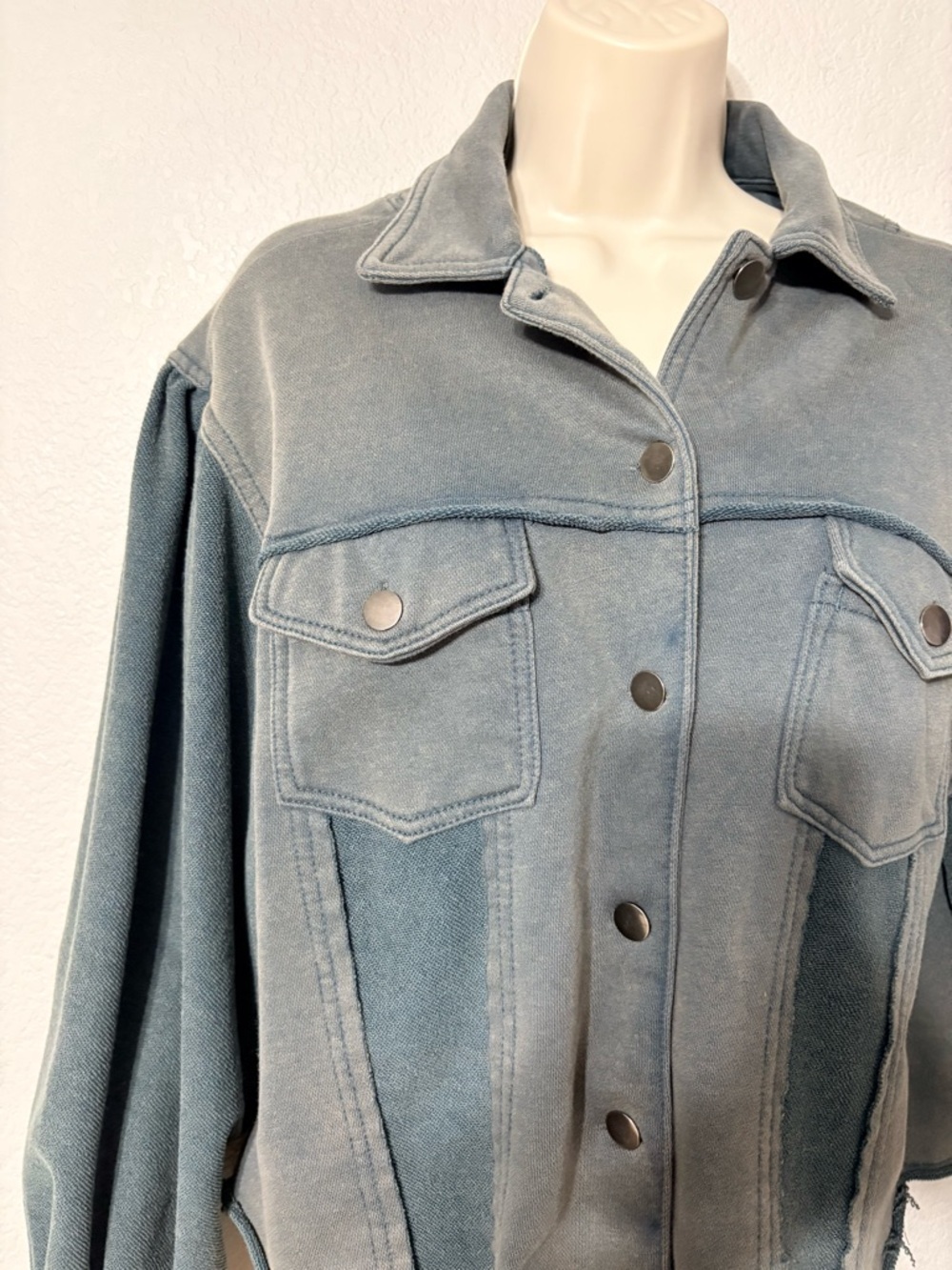 Vici Cropped Teal Blue Green Patchwork Terry Jacket Lightweight Ballon Sleeves S - Picture 5 of 16